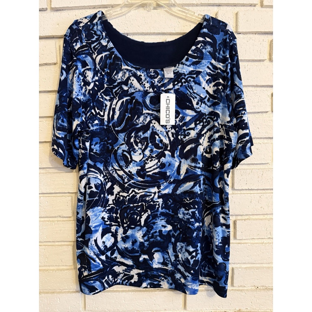 Chico's 3 Women's Blue Wavy Flowers Scoop Neck Elbow Sleeve Knit Top Sz XL NWT